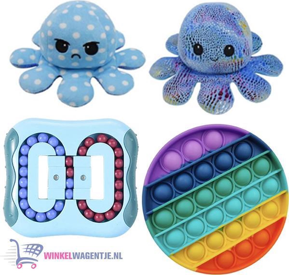 Pop It Regenboog Rond + IQ Ball + Octopus Mood Knuffel (Shiny Blue) | pop it fidget toy goedkoop, fidget toy, fidget toys pakket, fidget toys pop it, fidget toys stressbal, speelgoed voor kinderen, TikTok Rainbow